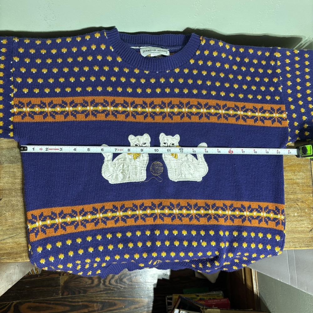 Vintage Jennifer Adams Sweater Womens Large Blue Cat Knit Novelty Made USA 90s - Picture 13 of 14